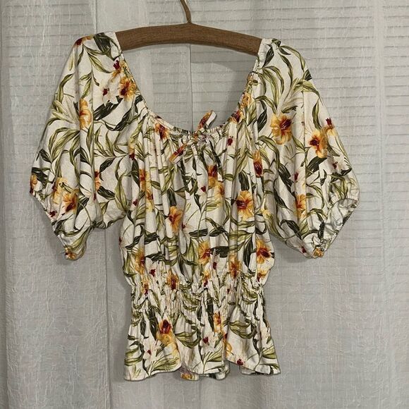 Kensie Jeans L Beige Gold Green Lily Linen On Off Shoulder Square Neck Top - Picture 1 of 10